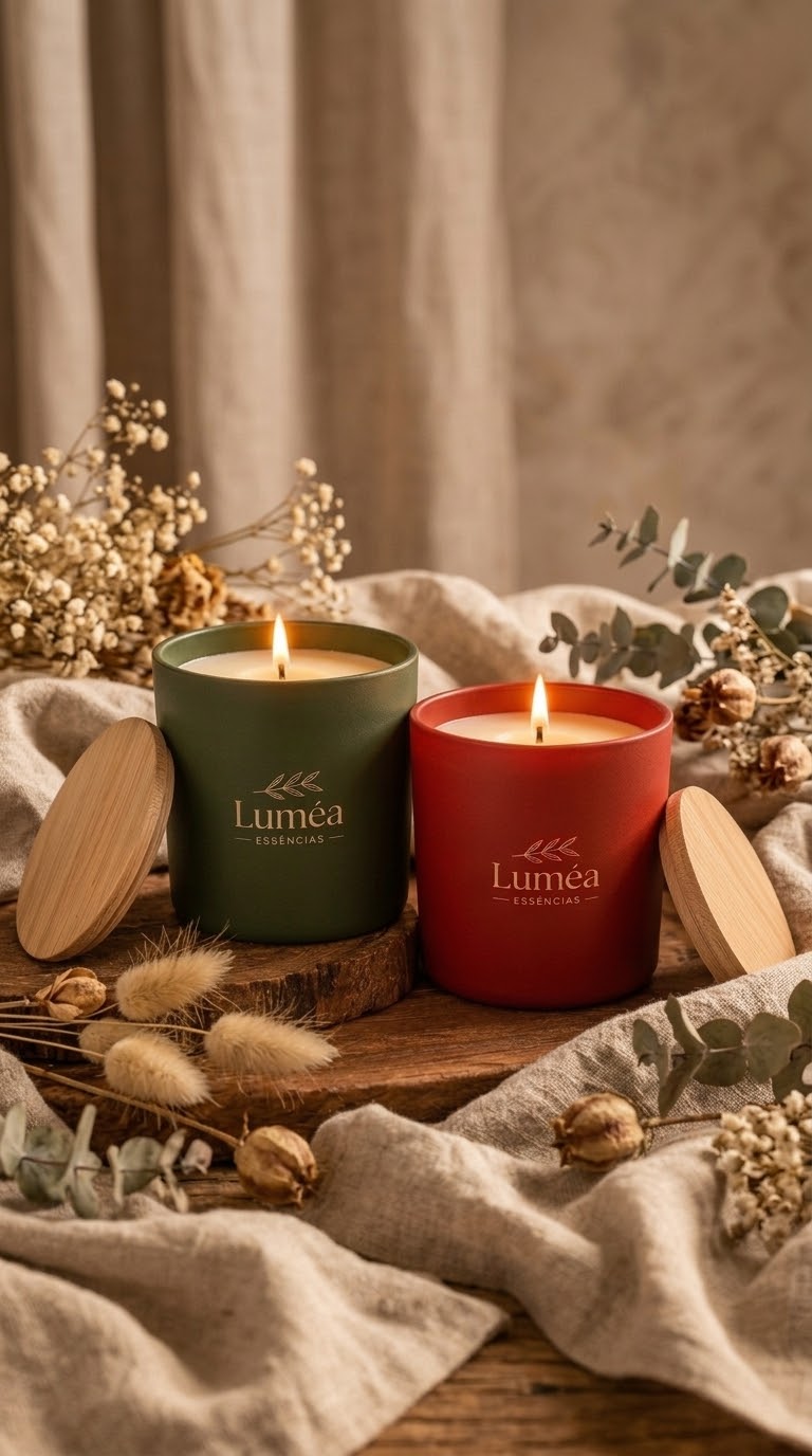 Velas Luméa de 200g nos potes verde e vermelho, com logo dourado e tampas de madeira, na foto enviada pela marca