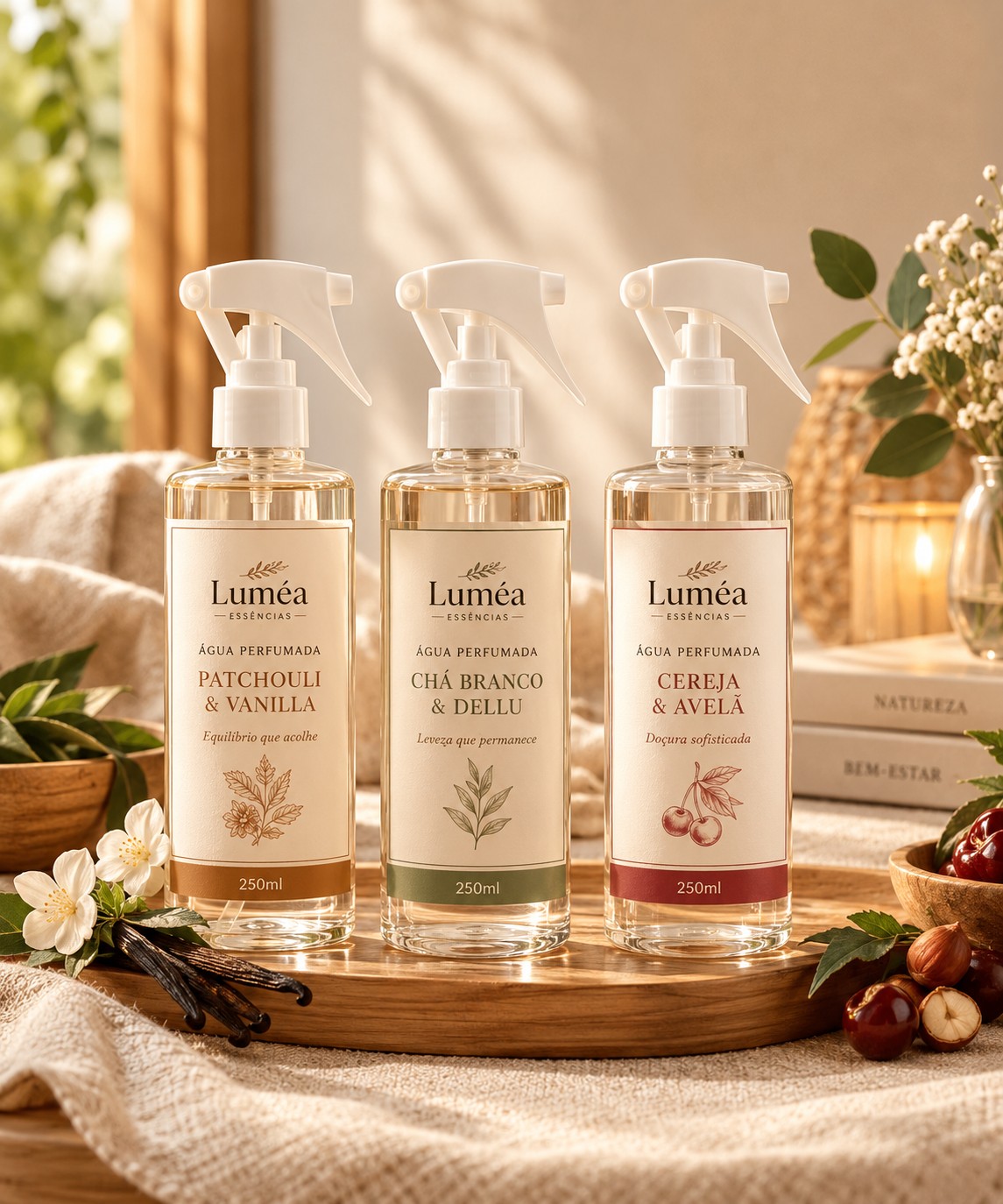 Água perfumada Luméa Cereja & Avelã 250 ml em frasco PET com gatilho branco