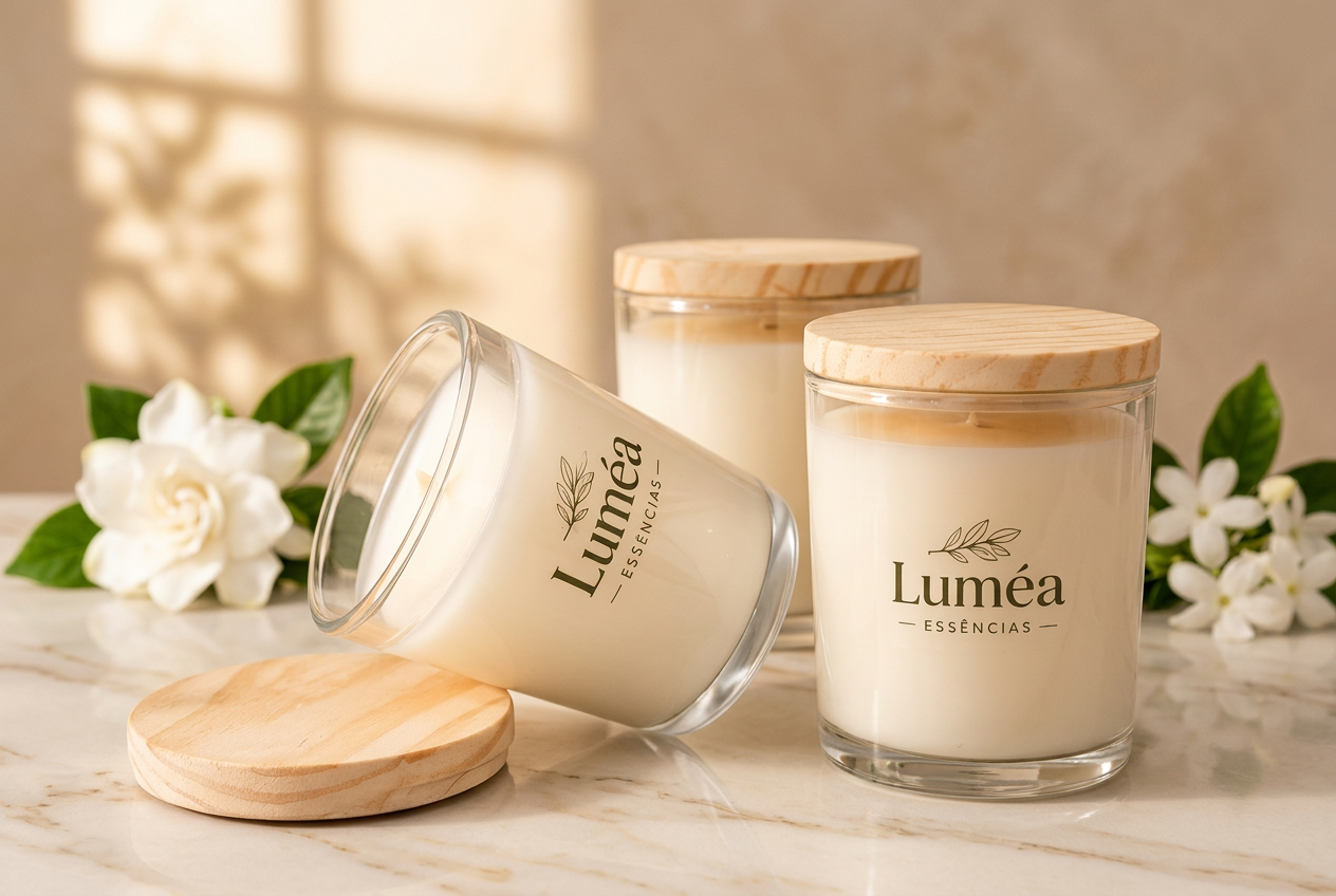 Velas Luméa Essências em potes de vidro com tampas de madeira