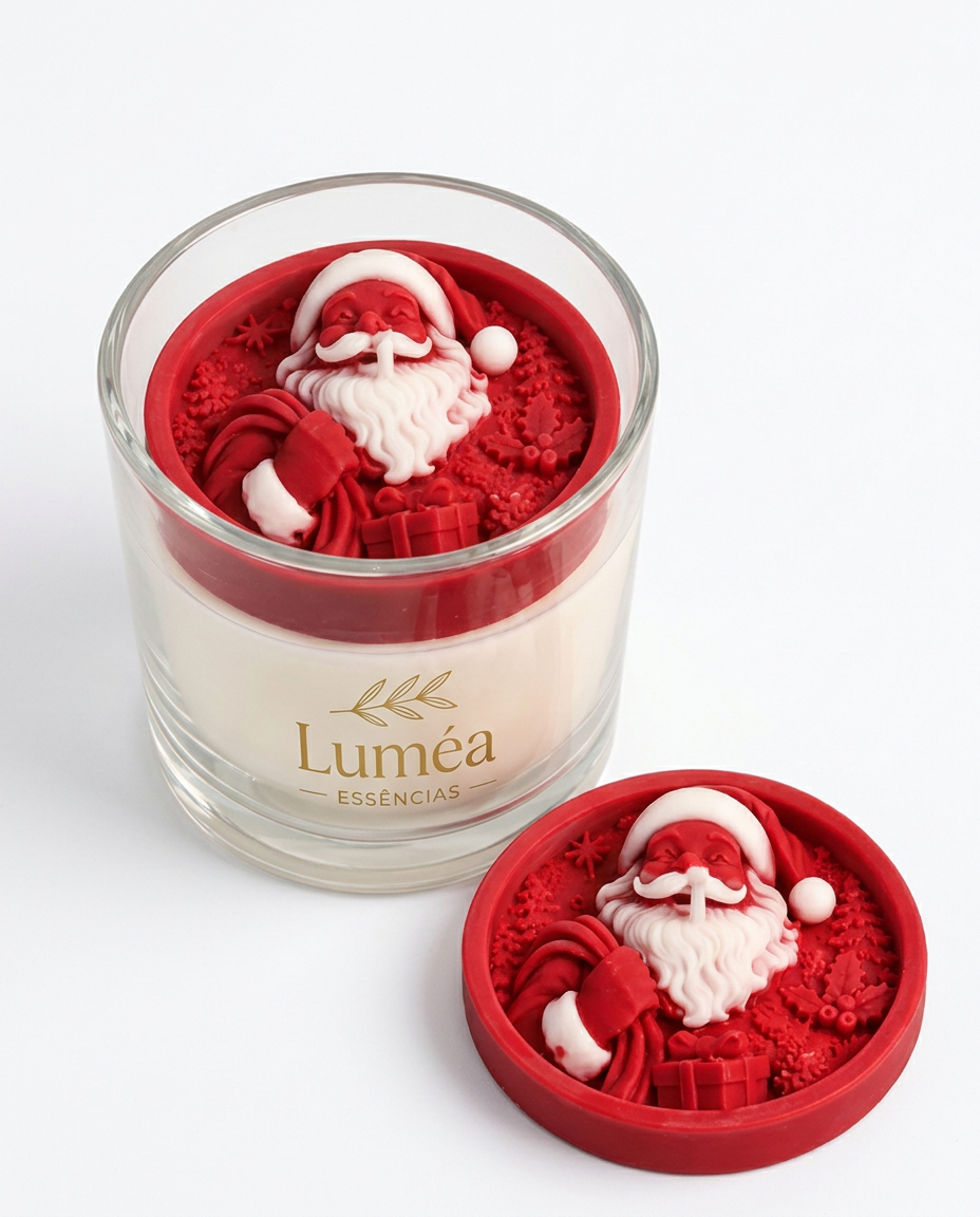 Pote com cera branca e logo dourado Luméa Essências, com tampa temática vermelha e branca de Papai Noel