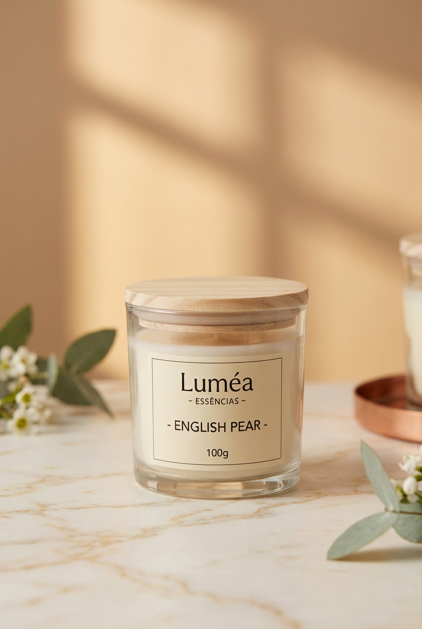 Vela aromática Luméa English Pear de 100 g em pote de vidro com tampa de madeira